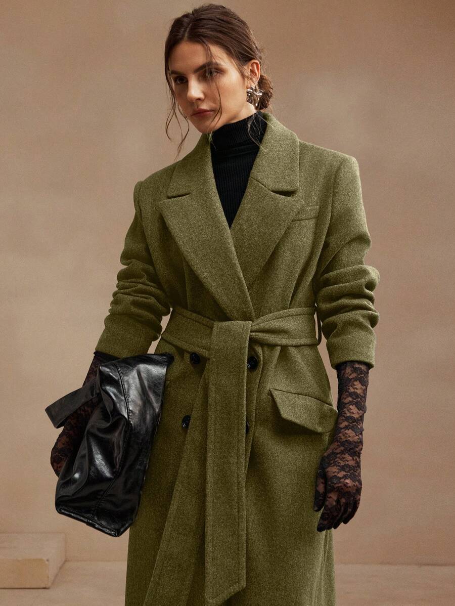 Anewsta Women's Khaki Long Belted Overcoat With Lapel Collar