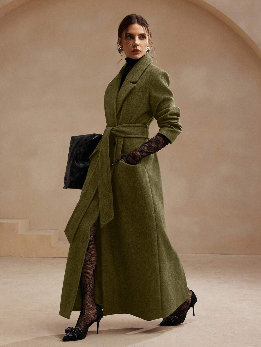Anewsta Women's Khaki Long Belted Overcoat With Lapel Collar