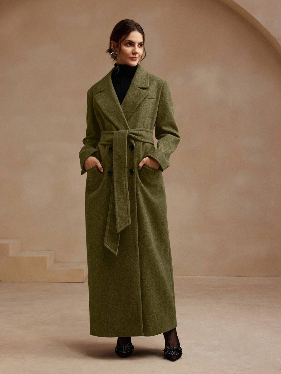 Anewsta Women's Khaki Long Belted Overcoat With Lapel Collar