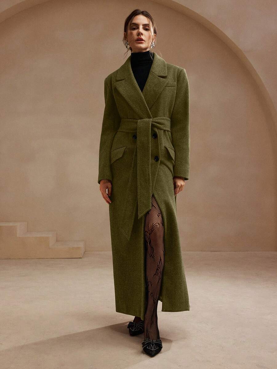 Anewsta Women's Khaki Long Belted Overcoat With Lapel Collar