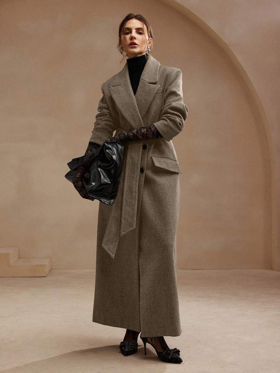 Anewsta Women's Khaki Long Belted Overcoat With Lapel Collar