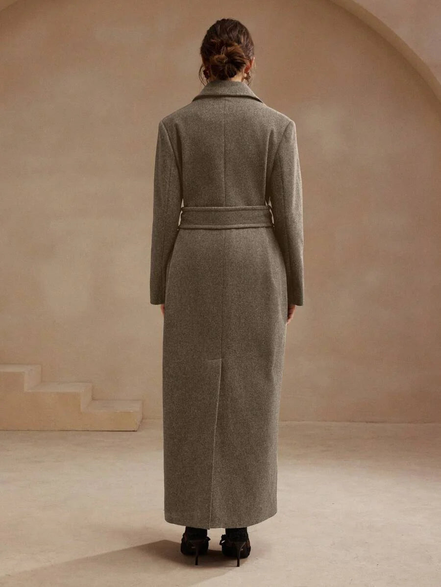 Anewsta Women's Khaki Long Belted Overcoat With Lapel Collar