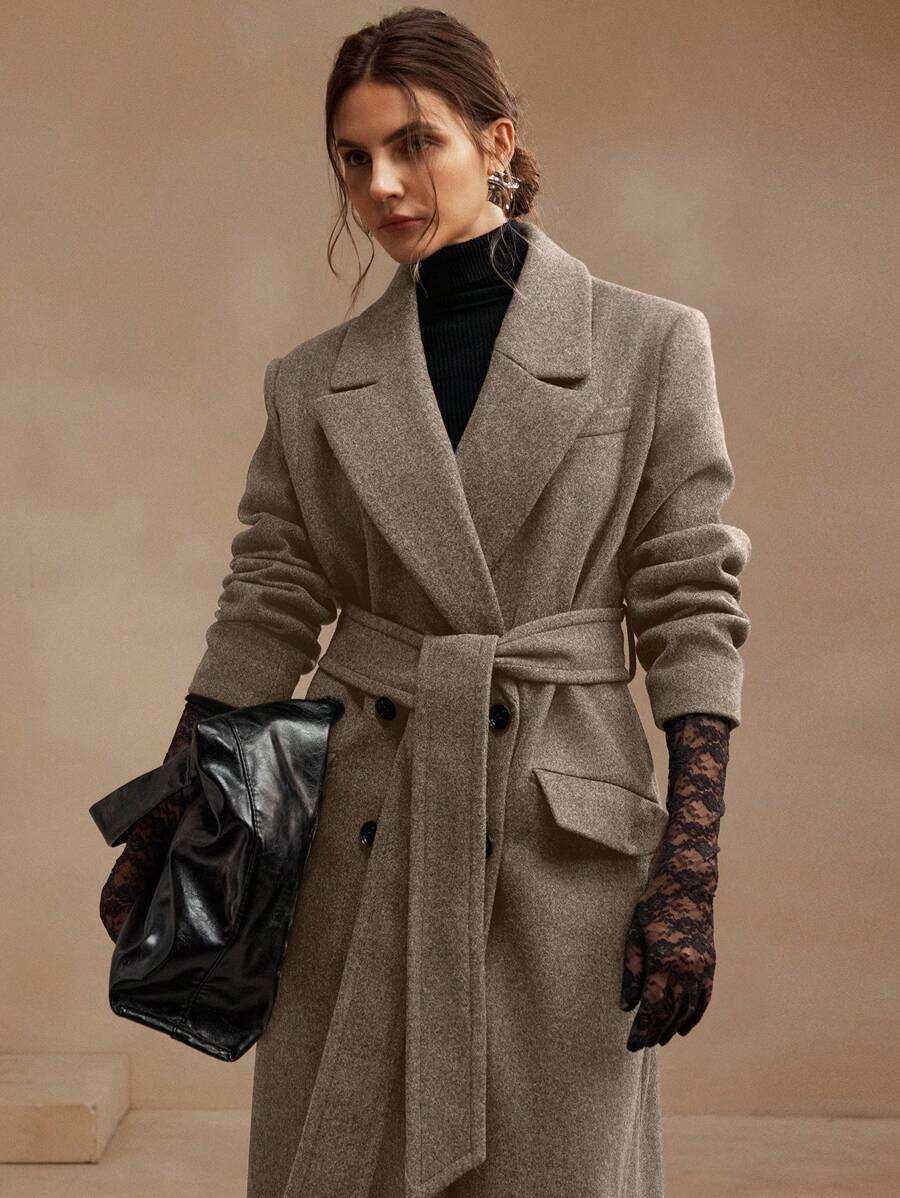 Anewsta Women's Khaki Long Belted Overcoat With Lapel Collar