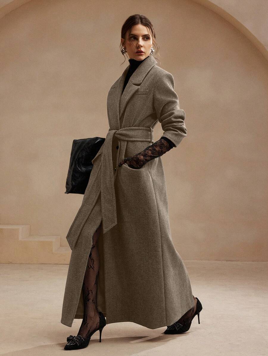 Anewsta Women's Khaki Long Belted Overcoat With Lapel Collar