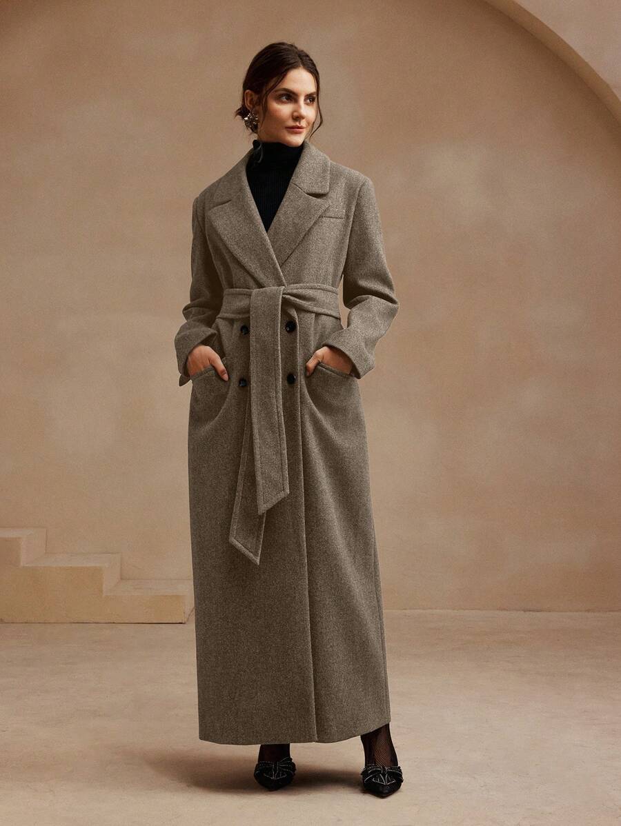 Anewsta Women's Khaki Long Belted Overcoat With Lapel Collar