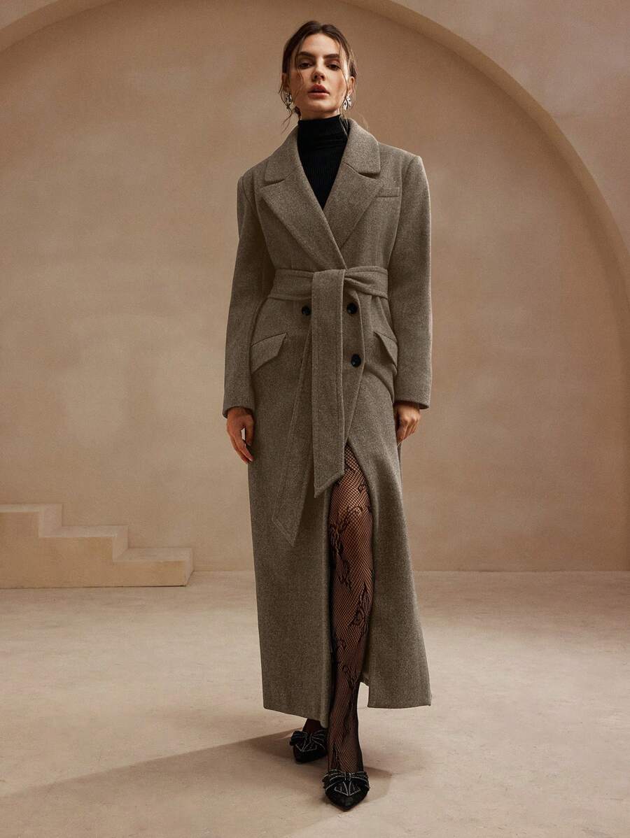 Anewsta Women's Khaki Long Belted Overcoat With Lapel Collar