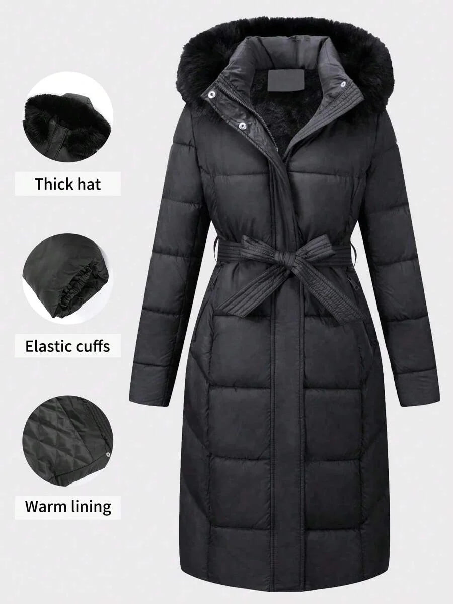 Risissida Women's Casual Hooded Jacket With Pockets, Lightweight Faux Fur Lined Quilted Trench Coat, Fall Daily Wear Winter Coat