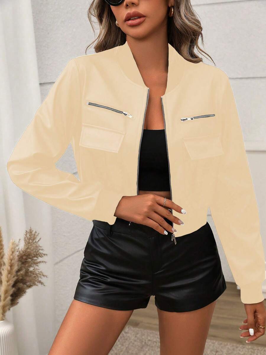 EMERY ROSE Women's Casual Solid Color Short Zip-Up Jacket