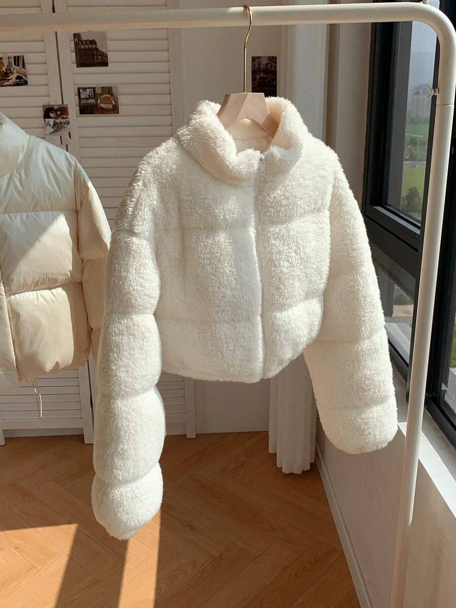 Comfortcana Women's Casual Light Gray Faux Wool Short Padded Coat In Fall/Winter