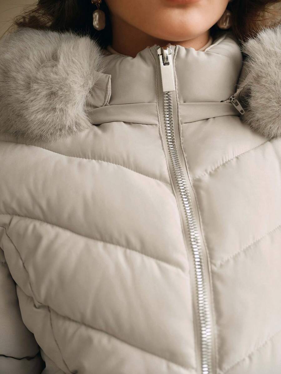 Anewsta Women's Solid Color Long Sleeve Zipper Collar Patchwork Fuzzy Hooded Padded Coat, Winter