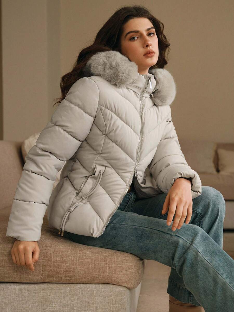 Anewsta Women's Solid Color Long Sleeve Zipper Collar Patchwork Fuzzy Hooded Padded Coat, Winter