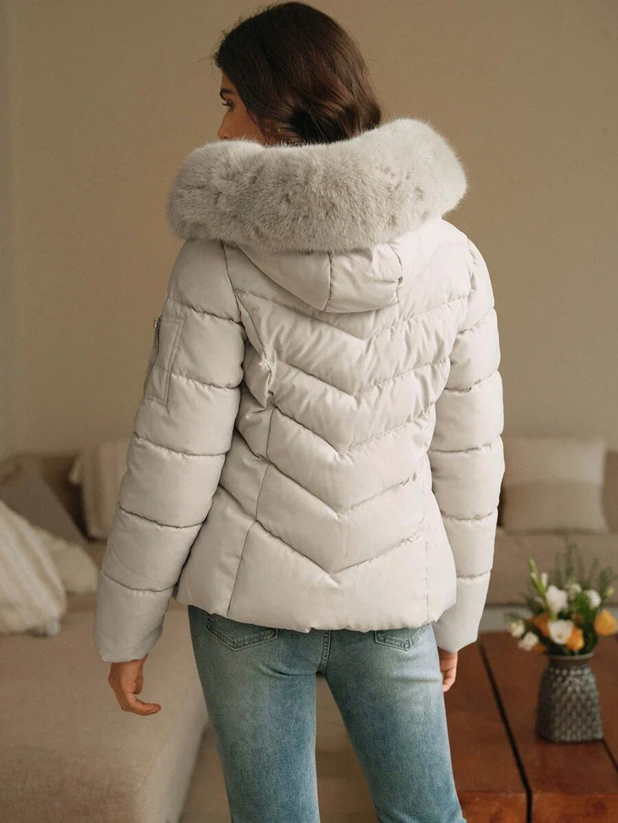 Anewsta Women's Solid Color Long Sleeve Zipper Collar Patchwork Fuzzy Hooded Padded Coat, Winter