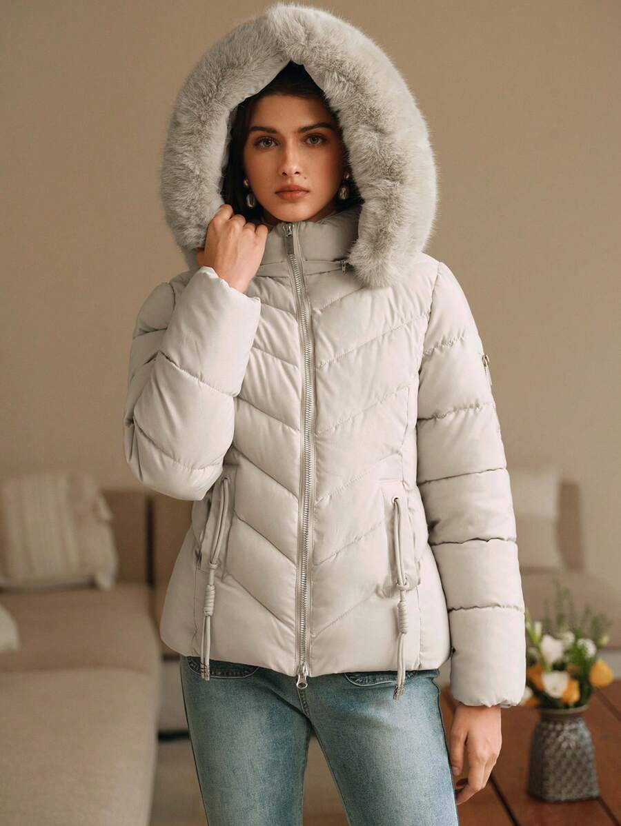 Anewsta Women's Solid Color Long Sleeve Zipper Collar Patchwork Fuzzy Hooded Padded Coat, Winter