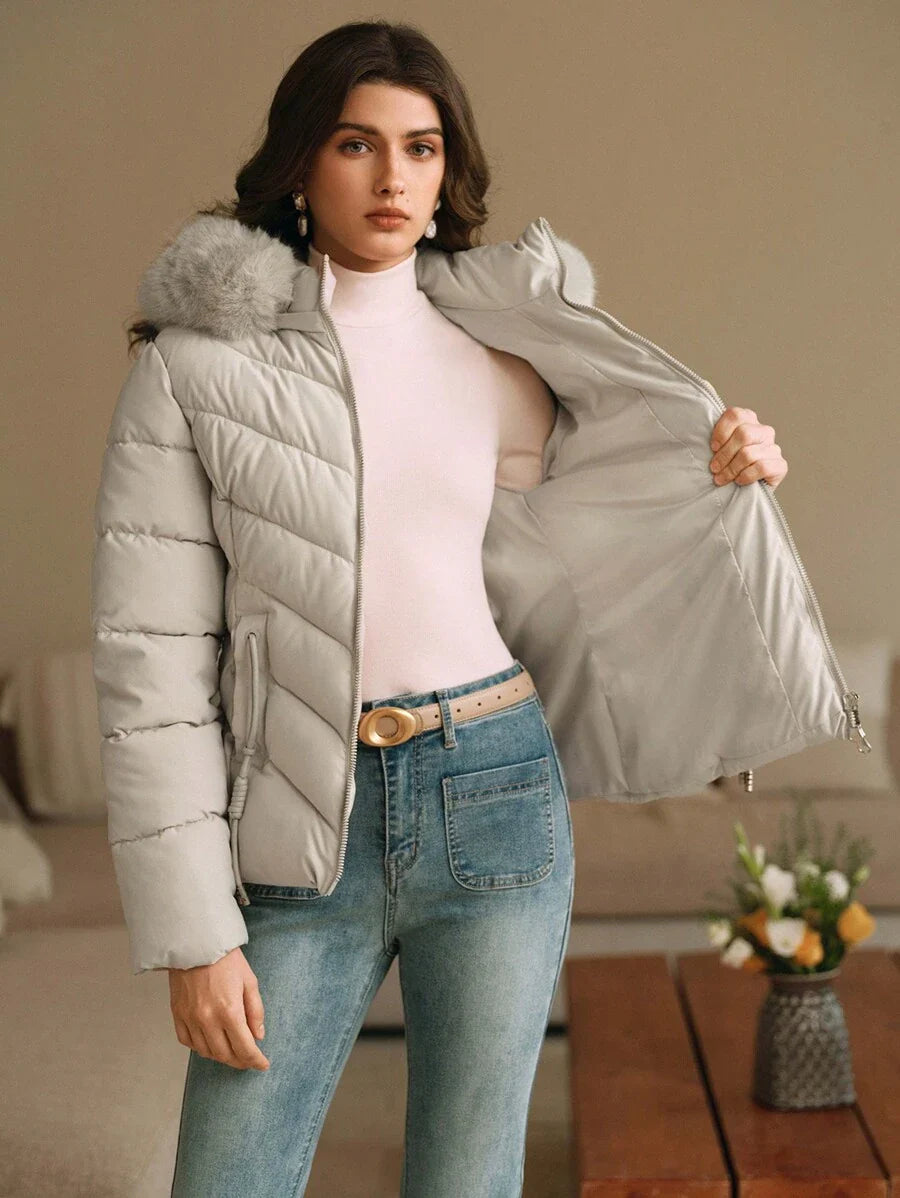 Anewsta Women's Solid Color Long Sleeve Zipper Collar Patchwork Fuzzy Hooded Padded Coat, Winter