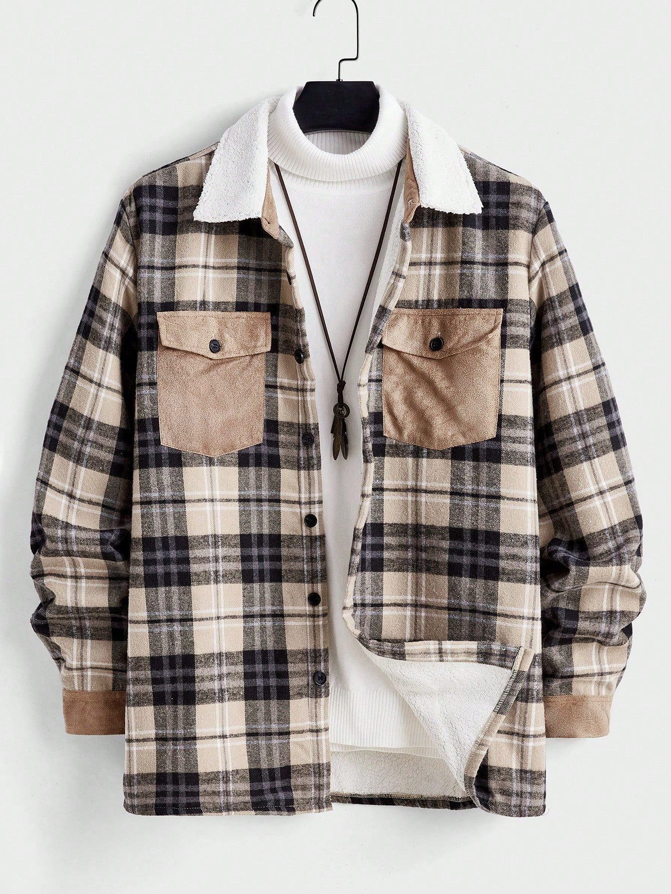 Manfinity Homme Men's Suede Patchwork Plaid Thermal Lined Jacket, Work Fashion Long Sleeve Jacket Color Block Checkered Jacket, For Friends, Husband, Boyfriend Gifts Fleece, Fall/Winter