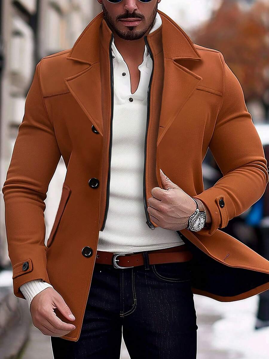 Manfinity Homme Men's Solid Color Long Sleeve Lapel Neck Casual Jacket, Autumn/Winter Black Jacket For Classy Elegant for Men Business Casual Men Black Dress Overcoat