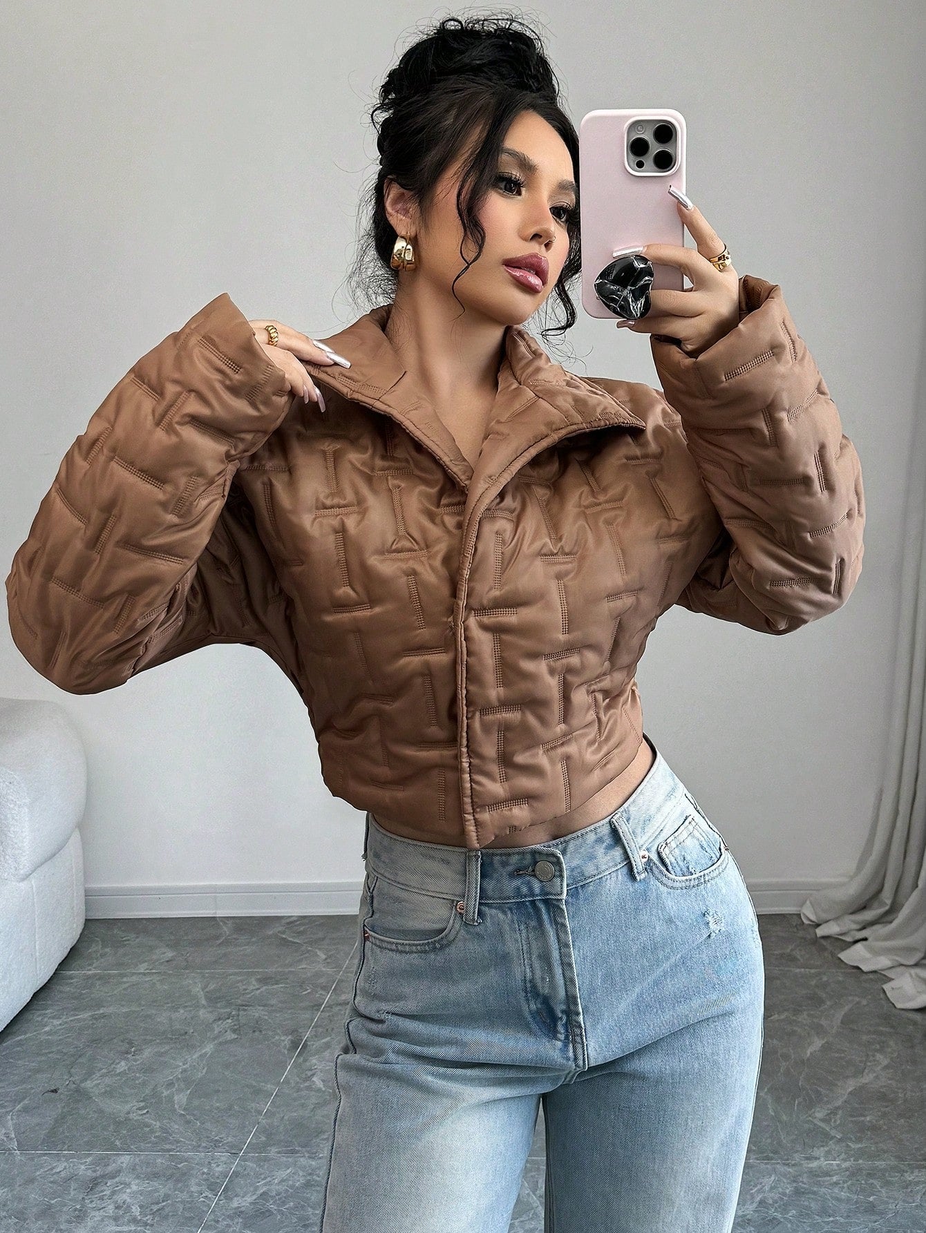 Chiquease Autumn And Winter Clothes New Brown Warm Stand-Up Collar Long-Sleeved Short Puffer Jacket, Textured Fabric, Casual And Elegant,Suitable For Daily, Work, Family Gatherings And Thanksgiving Wear Fall Cloth For Women