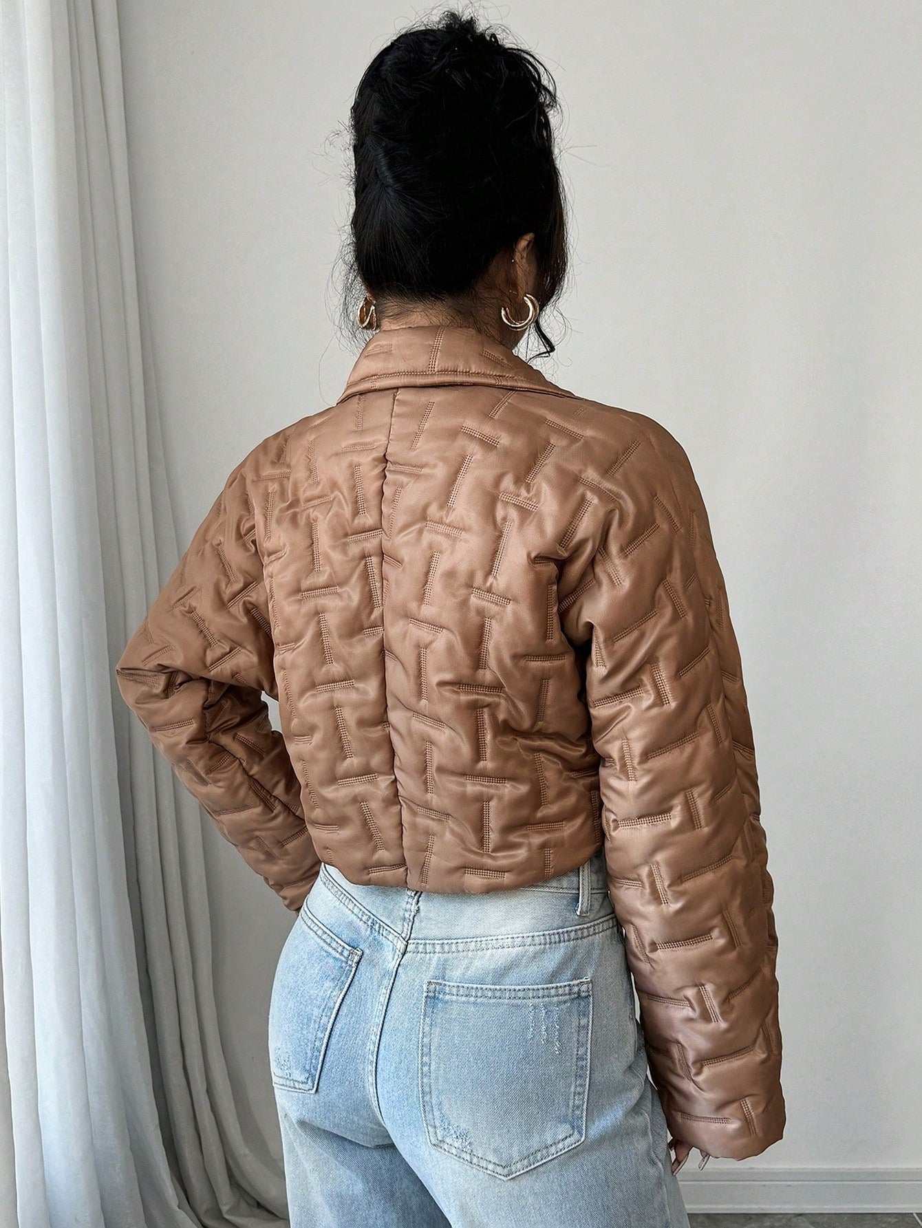 Chiquease Autumn And Winter Clothes New Brown Warm Stand-Up Collar Long-Sleeved Short Puffer Jacket, Textured Fabric, Casual And Elegant,Suitable For Daily, Work, Family Gatherings And Thanksgiving Wear Fall Cloth For Women