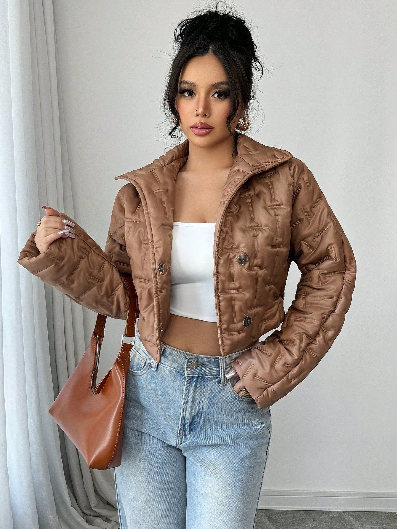 Chiquease Autumn And Winter Clothes New Brown Warm Stand-Up Collar Long-Sleeved Short Puffer Jacket, Textured Fabric, Casual And Elegant,Suitable For Daily, Work, Family Gatherings And Thanksgiving Wear Fall Cloth For Women