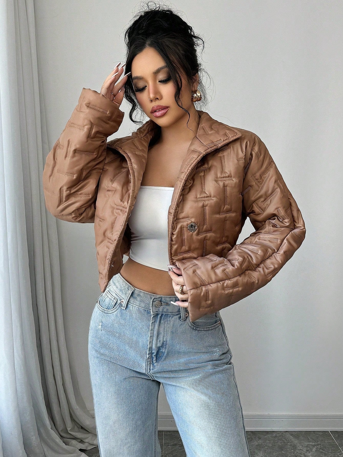 Chiquease Autumn And Winter Clothes New Brown Warm Stand-Up Collar Long-Sleeved Short Puffer Jacket, Textured Fabric, Casual And Elegant,Suitable For Daily, Work, Family Gatherings And Thanksgiving Wear Fall Cloth For Women
