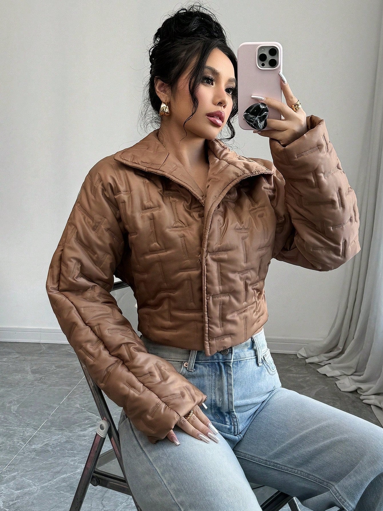 Chiquease Autumn And Winter Clothes New Brown Warm Stand-Up Collar Long-Sleeved Short Puffer Jacket, Textured Fabric, Casual And Elegant,Suitable For Daily, Work, Family Gatherings And Thanksgiving Wear Fall Cloth For Women