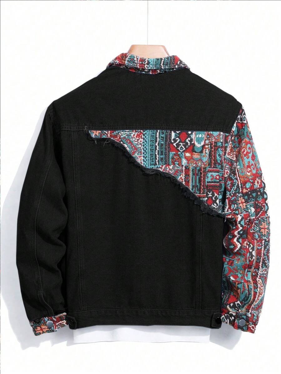 Manfinity Homme Men's Casual Geometric Pattern Patchwork Loose Denim Jacket, Autumn