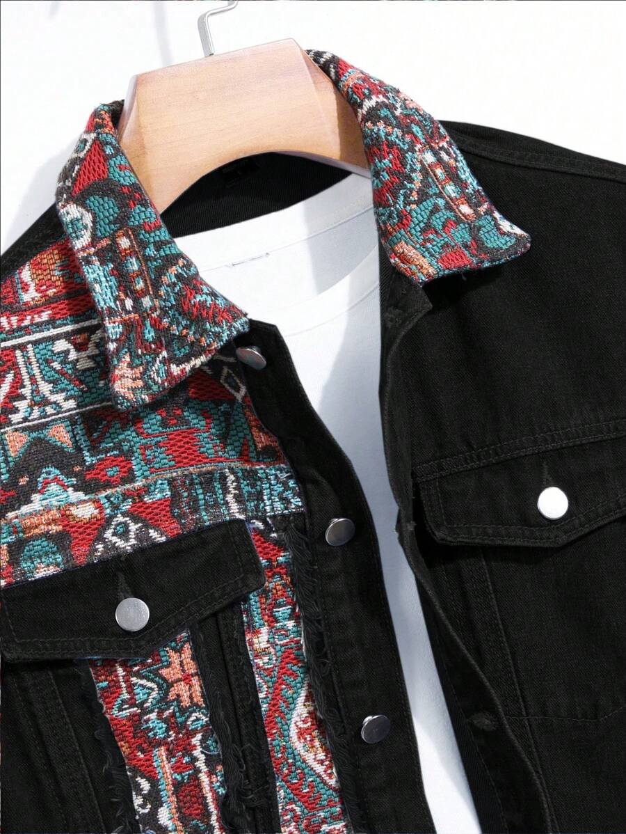 Manfinity Homme Men's Casual Geometric Pattern Patchwork Loose Denim Jacket, Autumn