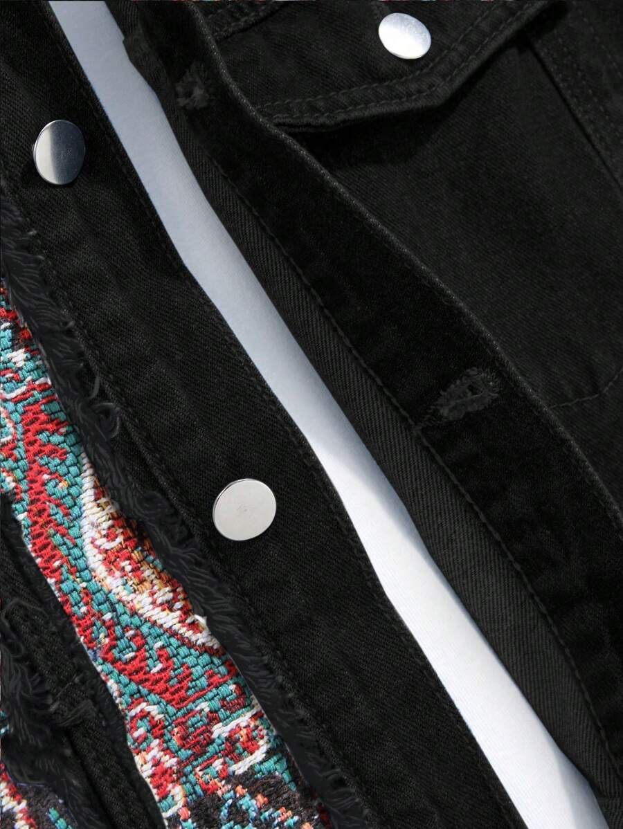 Manfinity Homme Men's Casual Geometric Pattern Patchwork Loose Denim Jacket, Autumn