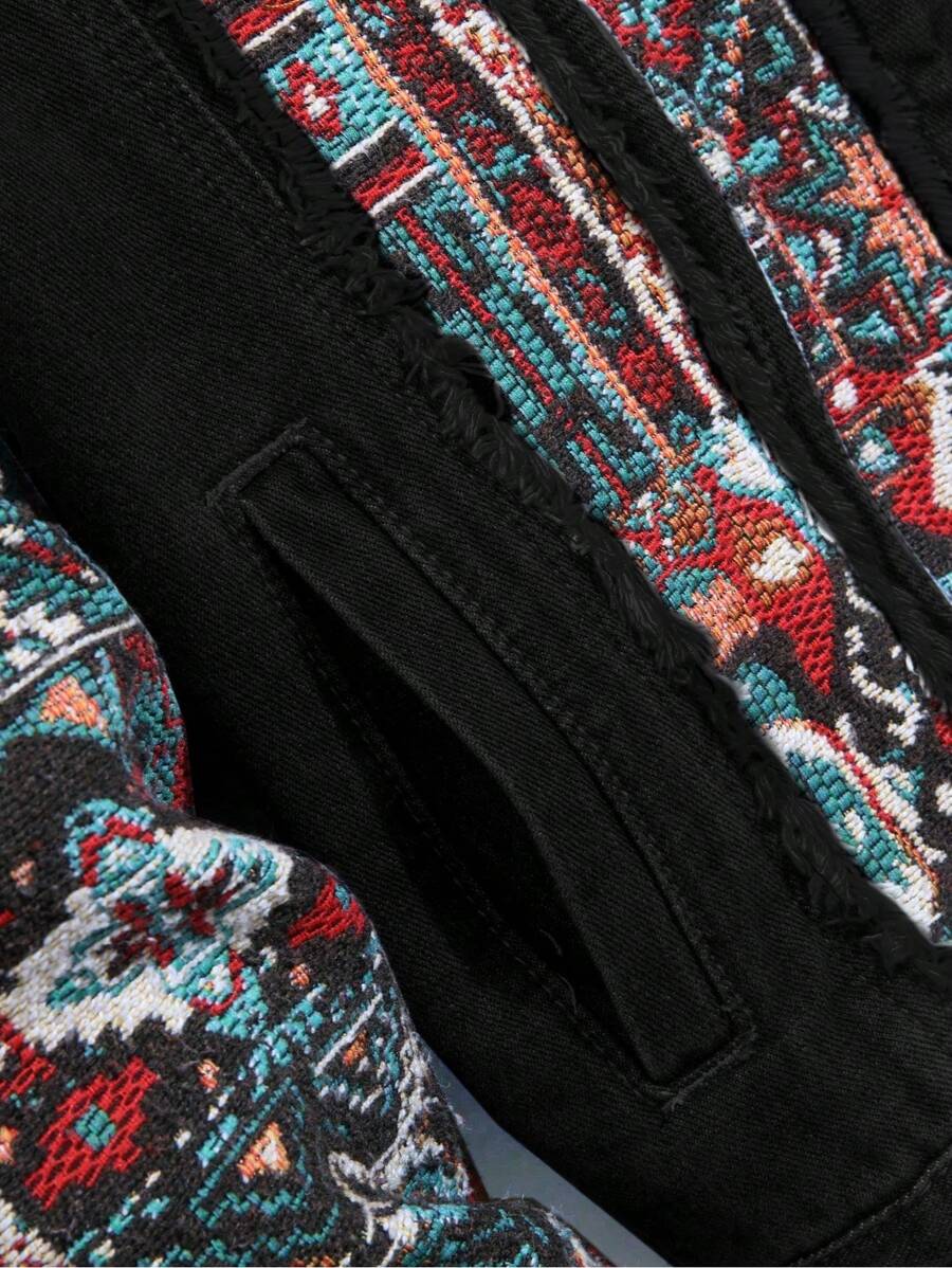 Manfinity Homme Men's Casual Geometric Pattern Patchwork Loose Denim Jacket, Autumn