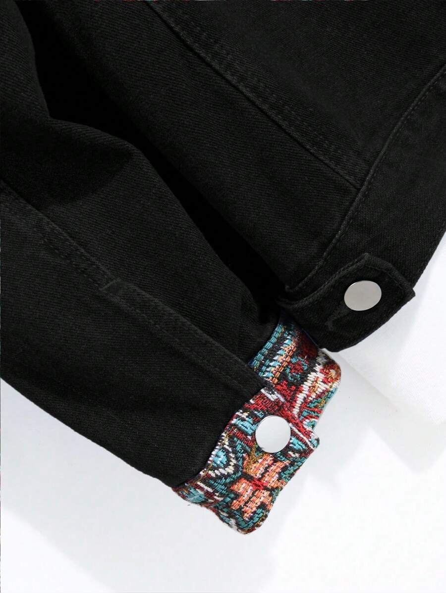 Manfinity Homme Men's Casual Geometric Pattern Patchwork Loose Denim Jacket, Autumn