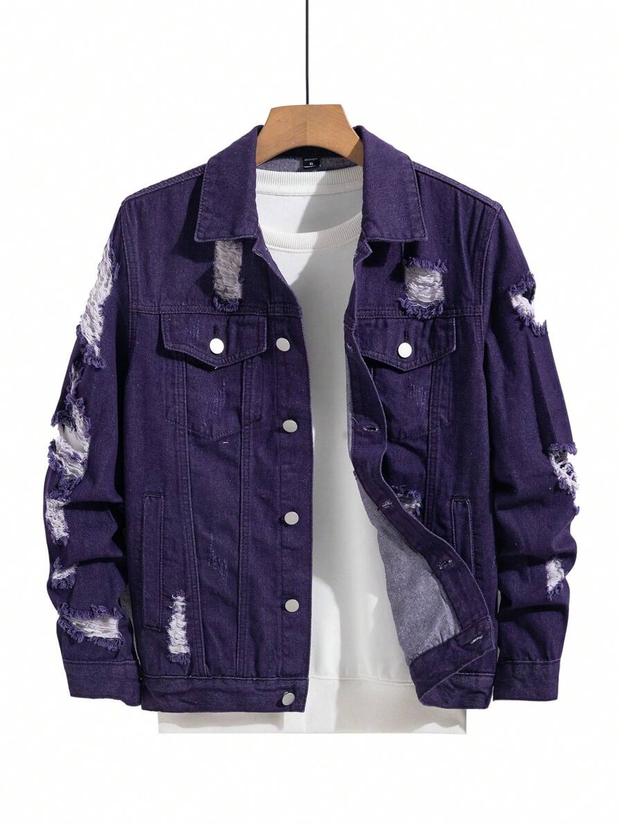 Manfinity Homme Men's Casual Distressed Denim Single Breasted Jacket, Autumn