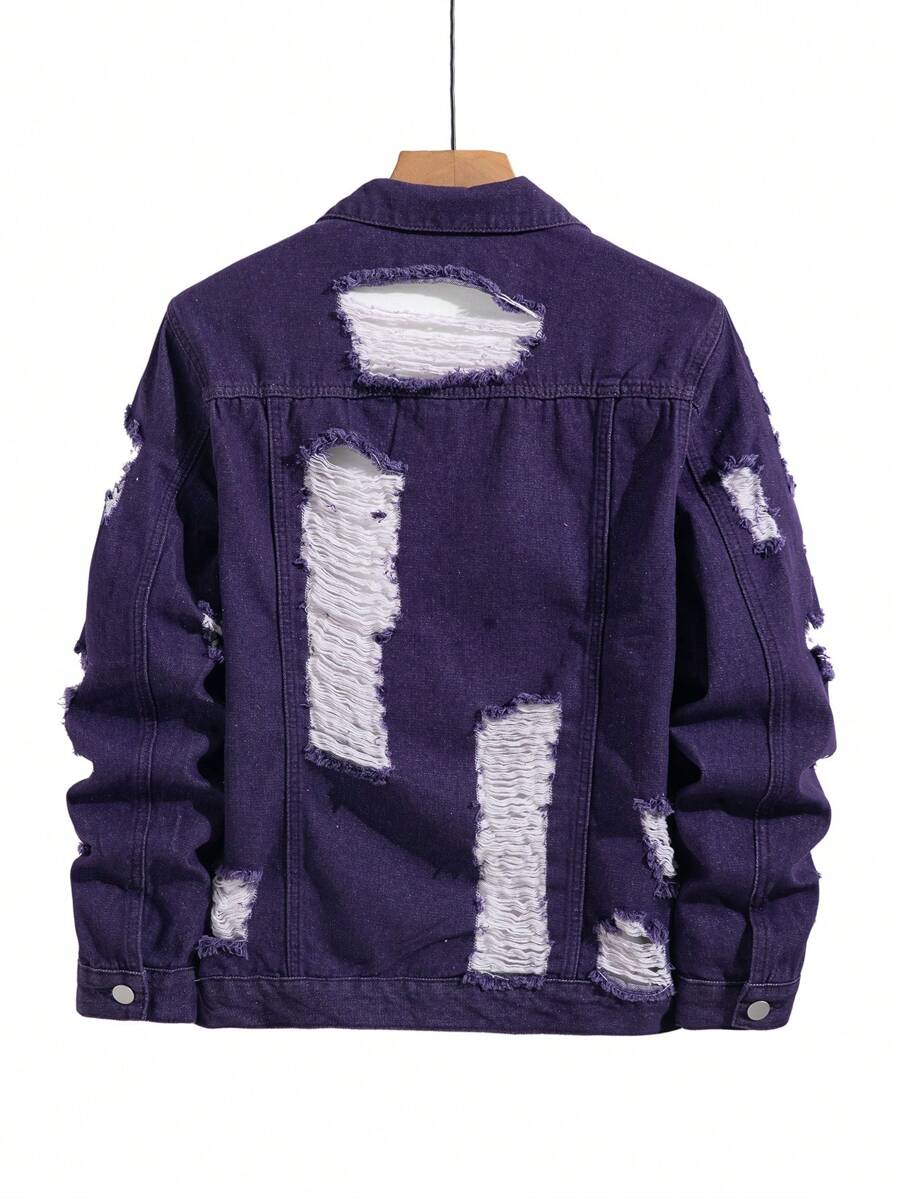 Manfinity Homme Men's Casual Distressed Denim Single Breasted Jacket, Autumn