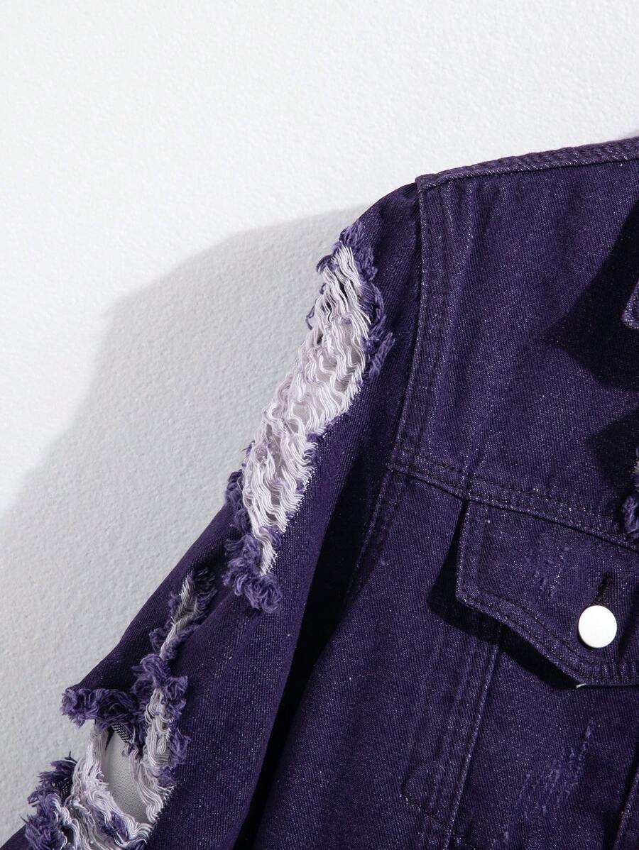 Manfinity Homme Men's Casual Distressed Denim Single Breasted Jacket, Autumn