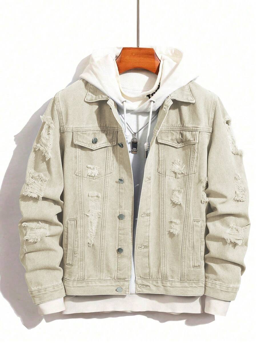 Manfinity Homme Men's Ripped Denim Jacket, Black Jacket for Rapper Going Out Hang Out Commute Work Street, Fall