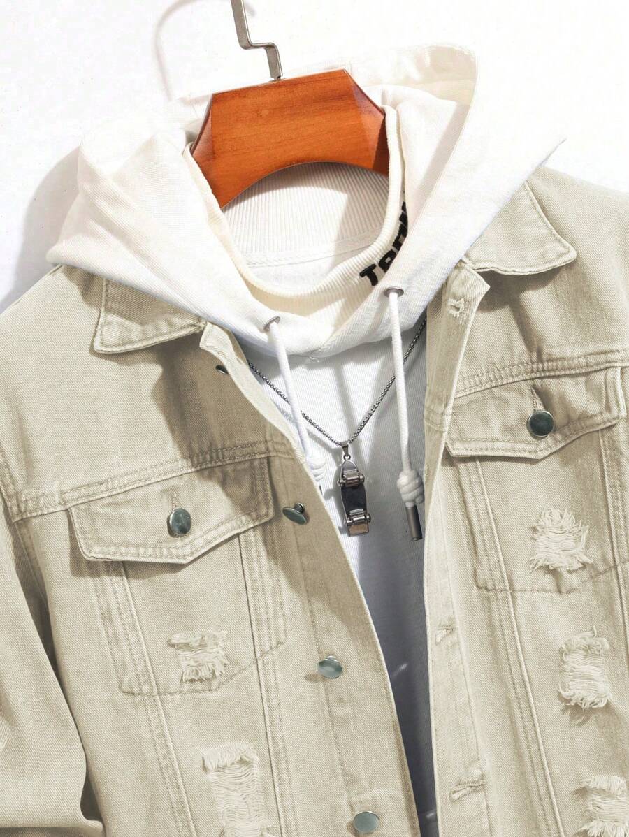 Manfinity Homme Men's Ripped Denim Jacket, Black Jacket for Rapper Going Out Hang Out Commute Work Street, Fall