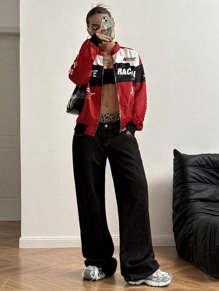 PETITE Letter Print Contrast Color Drop Shoulder Bomber Jacket For New Year Clothes