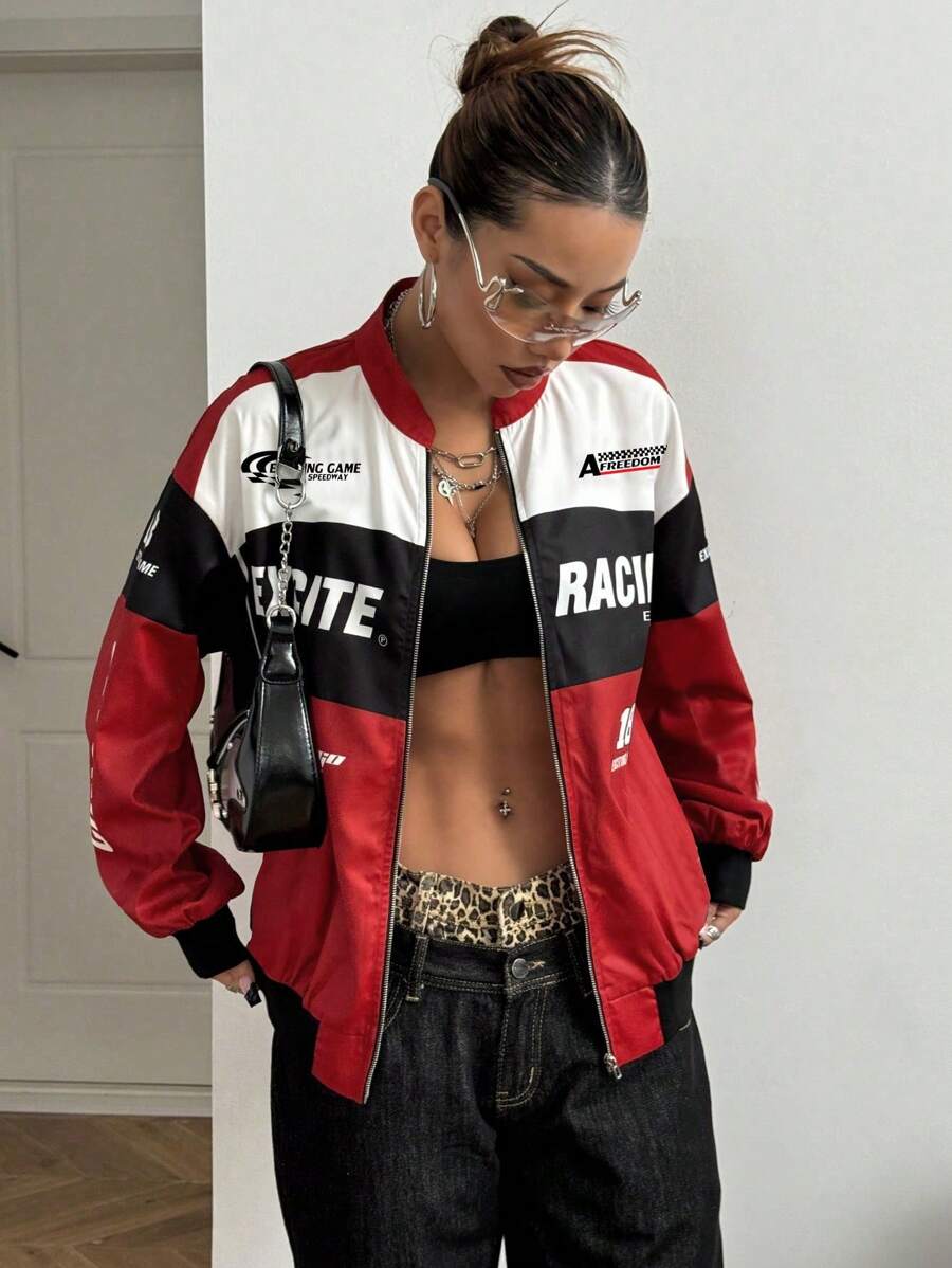 PETITE Letter Print Contrast Color Drop Shoulder Bomber Jacket For New Year Clothes