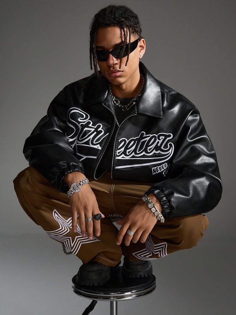 AXEPEAK Men's Autumn Letter Pattern Long Sleeve Zip-Up Collar Casual PU Leather Jacket, Bomber Vintage Party Letter Jacket, For Friends, Husband, Boyfriend Gifts, Streetwear Edition, For Fall Winter