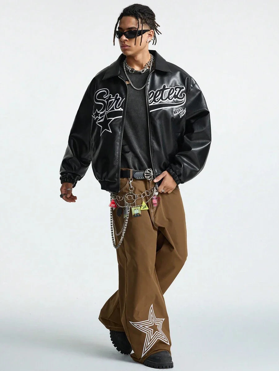 AXEPEAK Men's Autumn Letter Pattern Long Sleeve Zip-Up Collar Casual PU Leather Jacket, Bomber Vintage Party Letter Jacket, For Friends, Husband, Boyfriend Gifts, Streetwear Edition, For Fall Winter