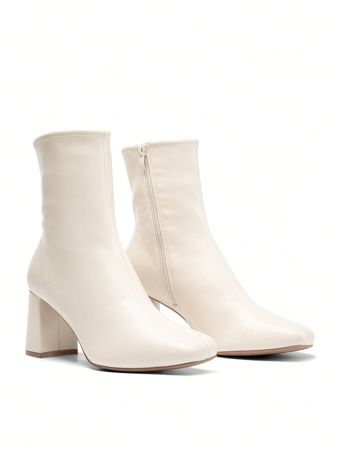 Women's Square Toe Ankle Boots With Side Zipper, Slim Plain Style, High Chunky Heel, Simple And Versatile Fashion For Party
