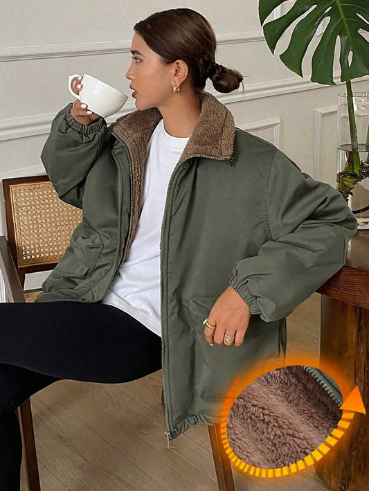 DAZY Solid Color Loose Long Sleeve Pocketed Fleece Women's Padded Coat, Ladies Winter Casual Drawstring, Pocket, Zipper Drop Shoulder Collar Loose Green Plain Women Padded Coats, Winter Warmth/ Winter Fashion ,Winter Women Clothes,Winter Coat Women Jacke