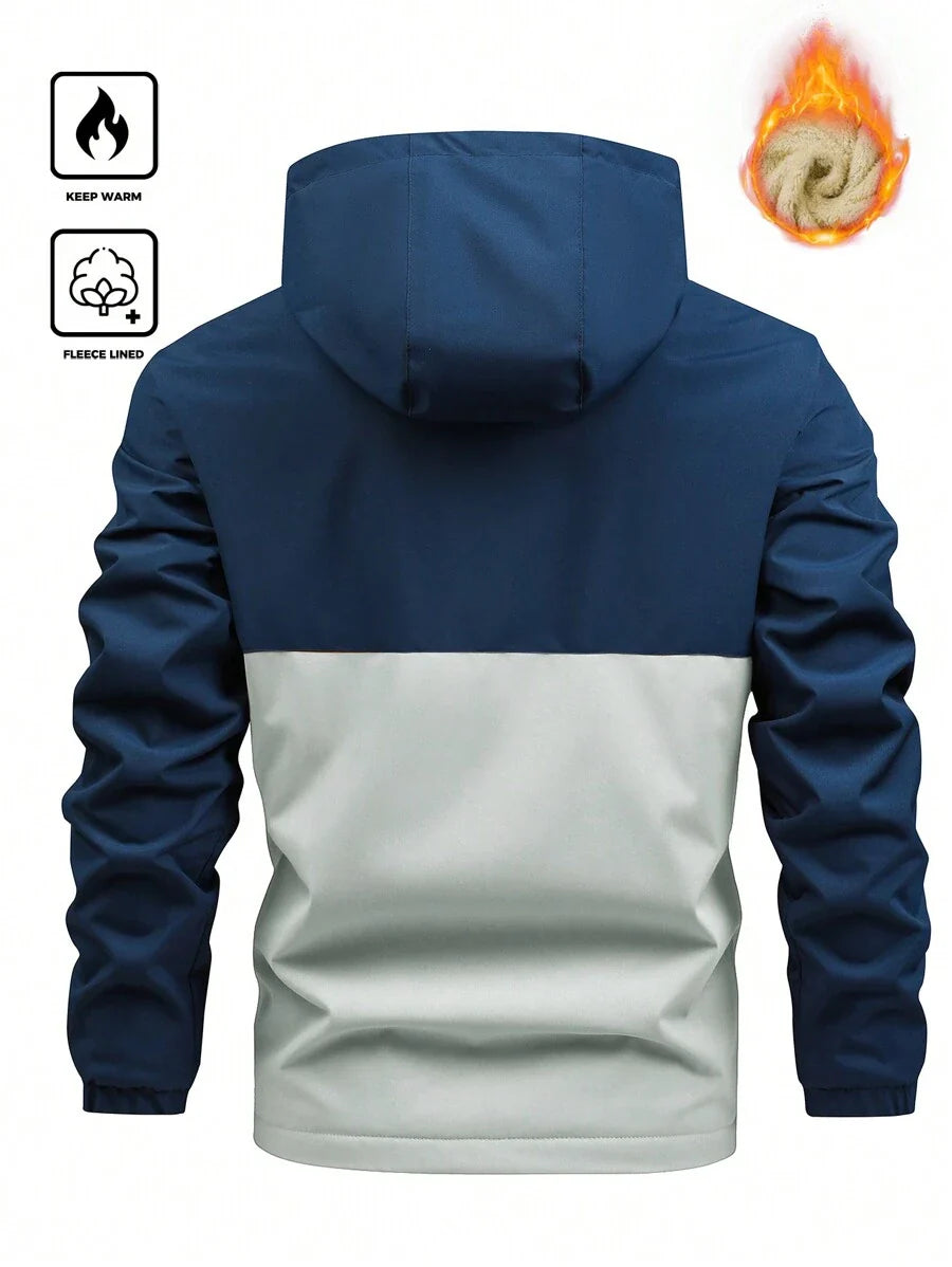 Manfinity Homme New Men's Autumn Winter Outdoor Warm Letter Graphic Colorblock Hooded Fleece Lined Jacket, Windproof Outdoor Windbreaker