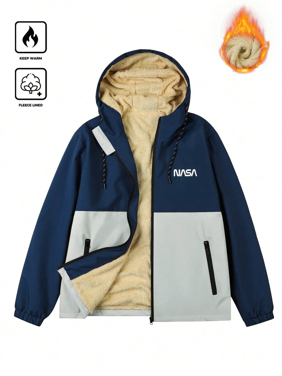 Manfinity Homme New Men's Autumn Winter Outdoor Warm Letter Graphic Colorblock Hooded Fleece Lined Jacket, Windproof Outdoor Windbreaker