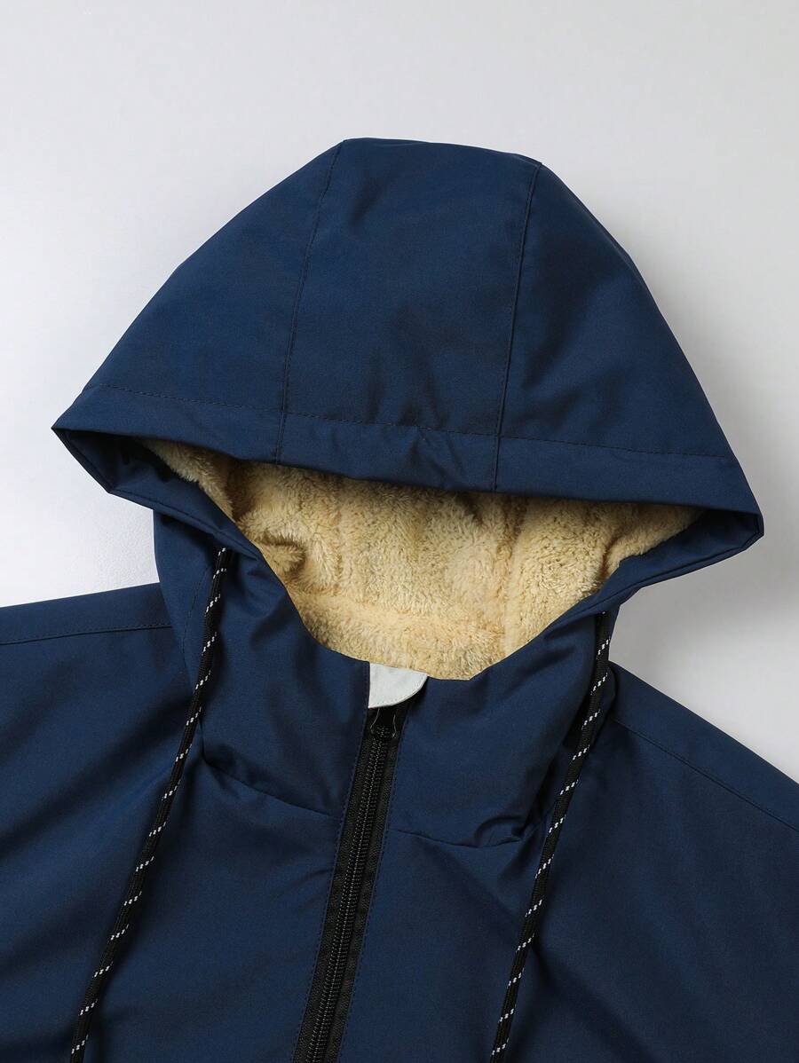 Manfinity Homme Loose-Fit Men's Color Block Letter Print Hooded Fleece Outdoor Windbreaker Jacket Autumn Coat