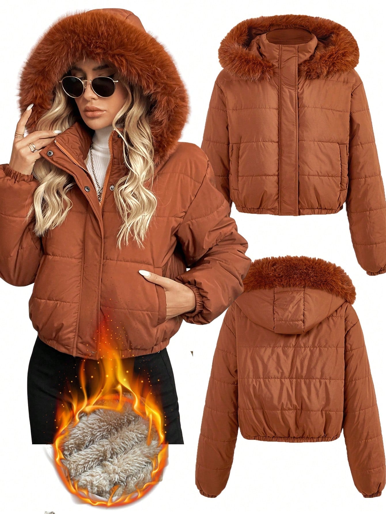 SHEIN LUNE Women Casual Solid Color Fur Collar Hooded Padded Coat, Winter  Winter Clothes For Women  Winter Clothes Fleece