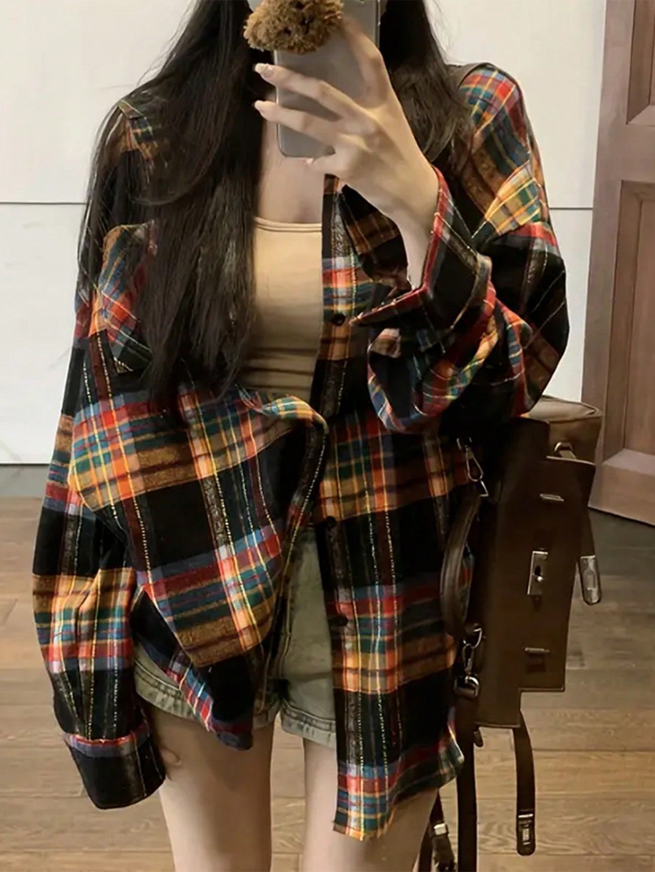 INAWLY Women Retro Plus Size Casual Loose Plaid Print Pocket Shirt, Autumn/Winter Fall Cloth For Women
