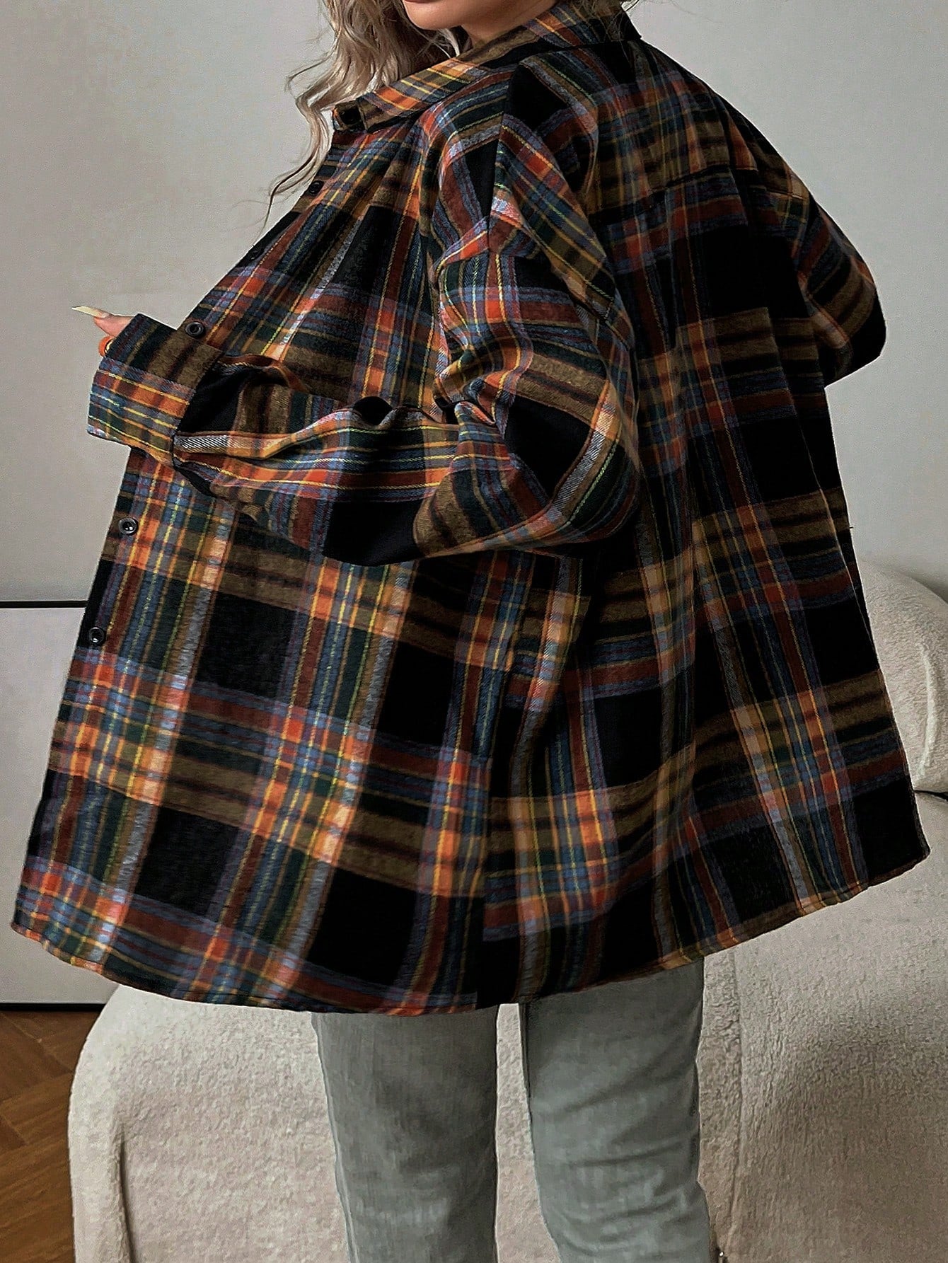 INAWLY Women Retro Plus Size Casual Loose Plaid Print Pocket Shirt, Autumn/Winter Fall Cloth For Women