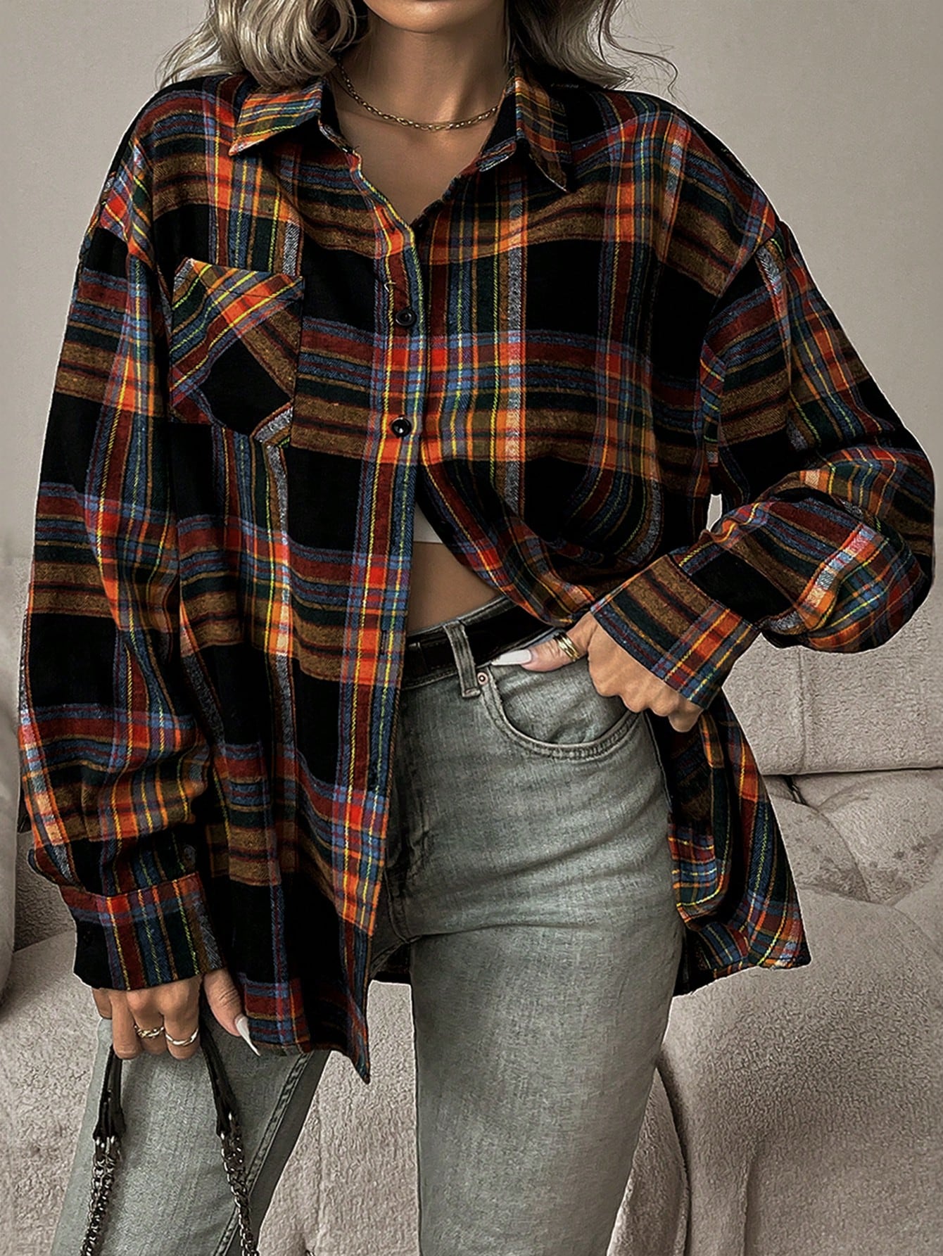 INAWLY Women Retro Plus Size Casual Loose Plaid Print Pocket Shirt, Autumn/Winter Fall Cloth For Women