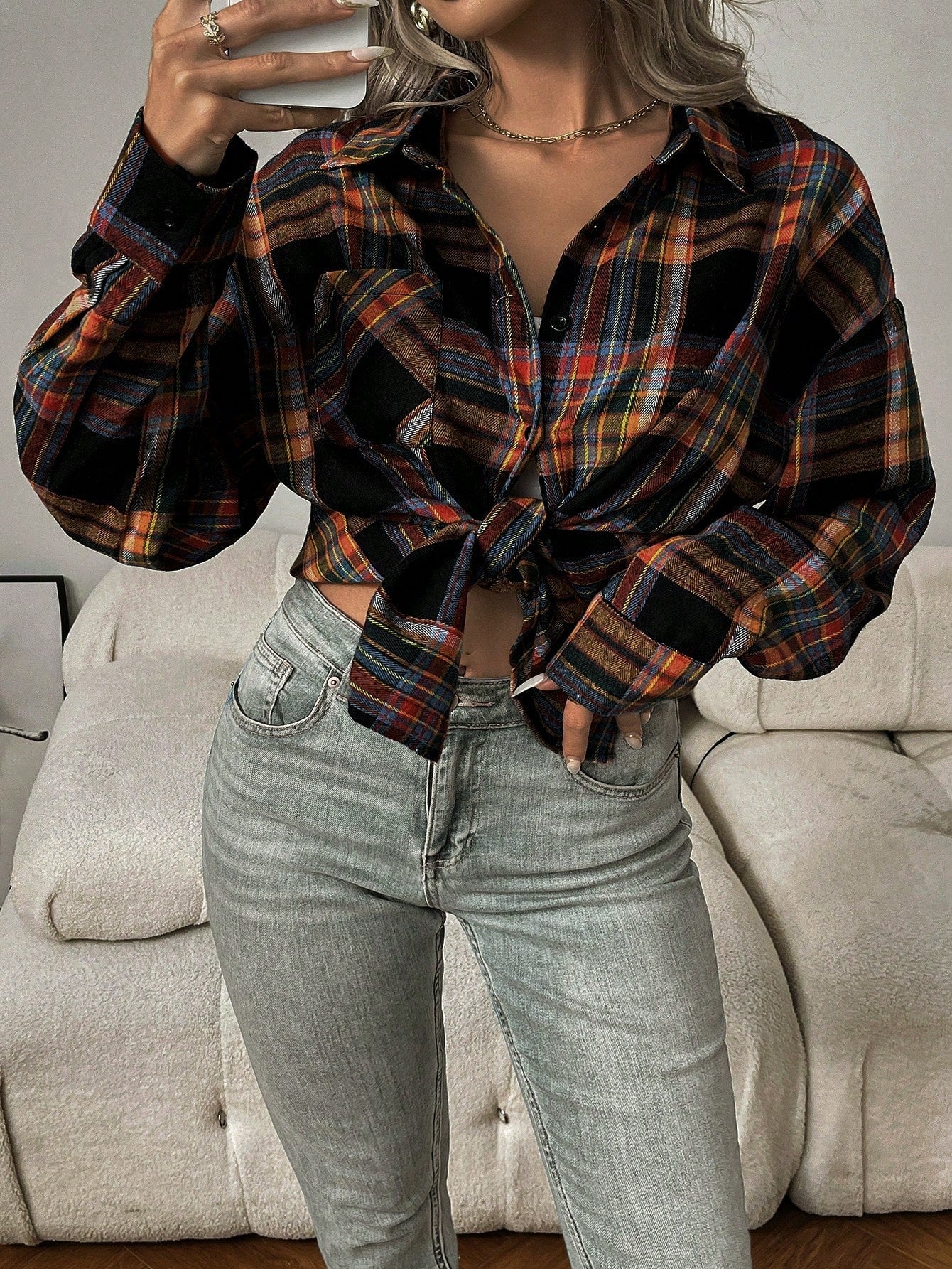 INAWLY Women Retro Plus Size Casual Loose Plaid Print Pocket Shirt, Autumn/Winter Fall Cloth For Women