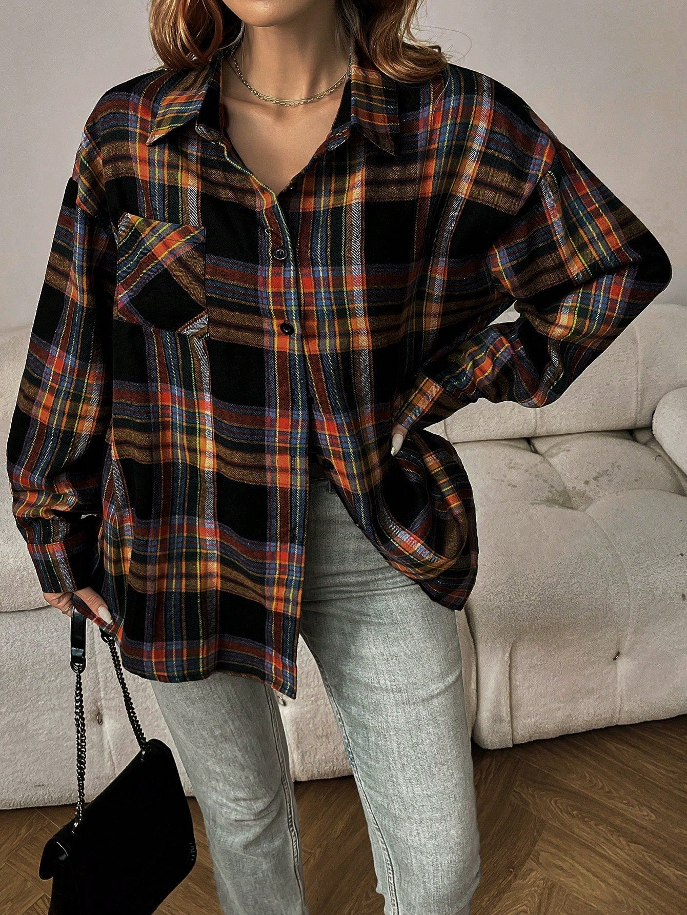 INAWLY Women Retro Plus Size Casual Loose Plaid Print Pocket Shirt, Autumn/Winter Fall Cloth For Women